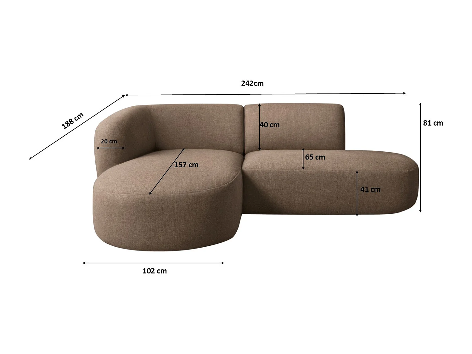 Ecksofa L-Form Luna, stoff Lins, Braun, Links