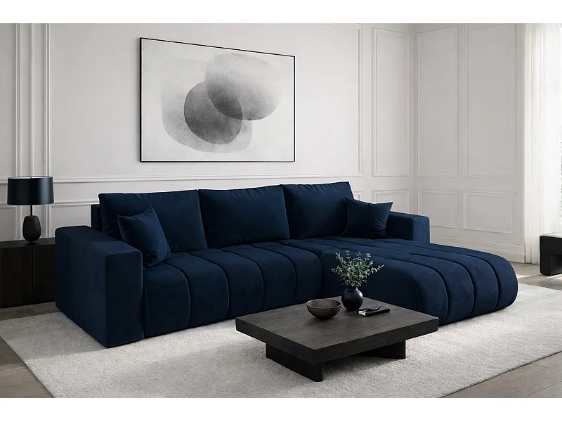 Canapé d'angle convertible avec compartiment de rangement MILO PREMIUM, tissu MONOLITH, bleu foncé, côté droit