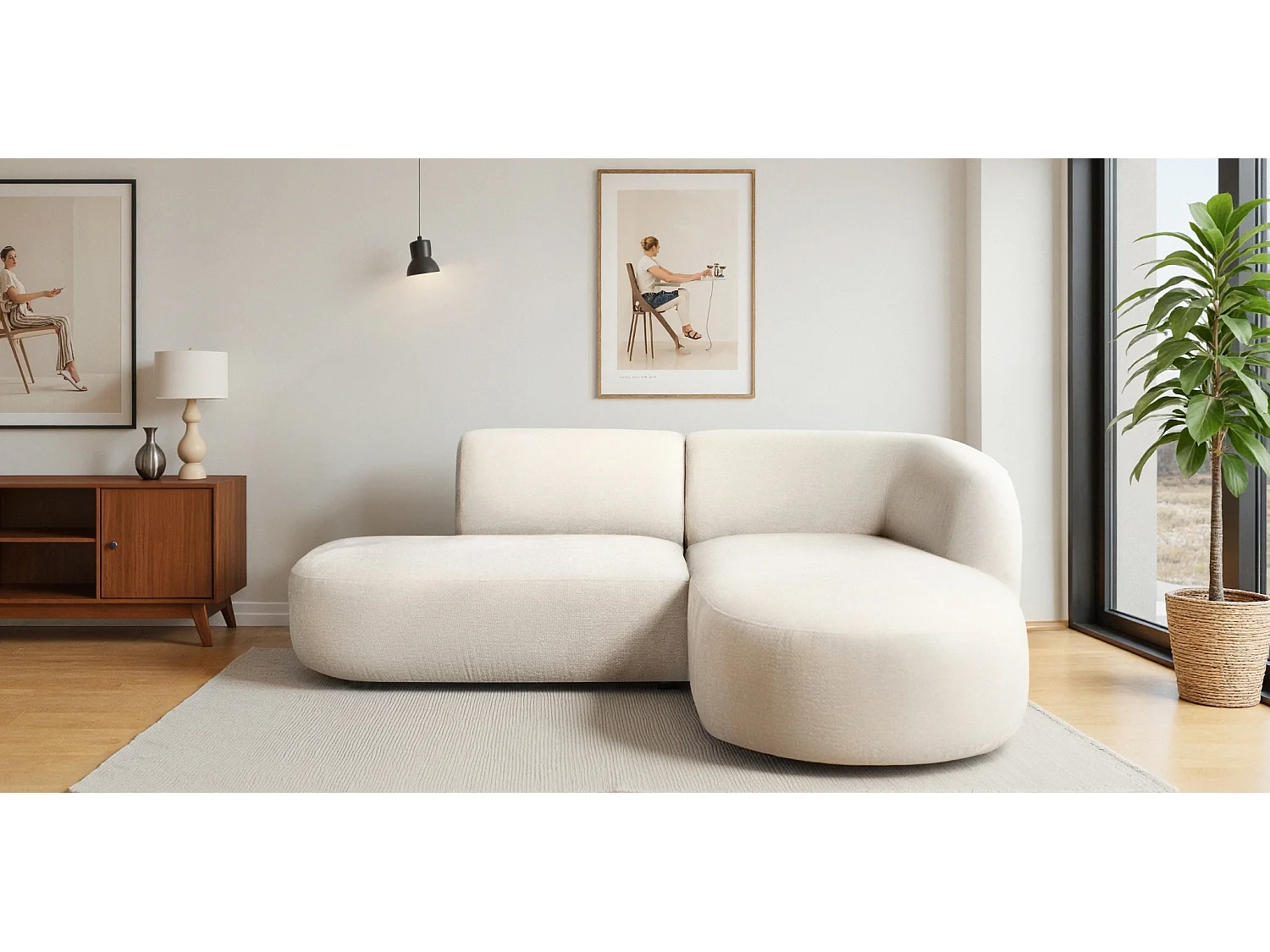 Ecksofa L-Form Luna, stoff Lins, Creme, Rechts