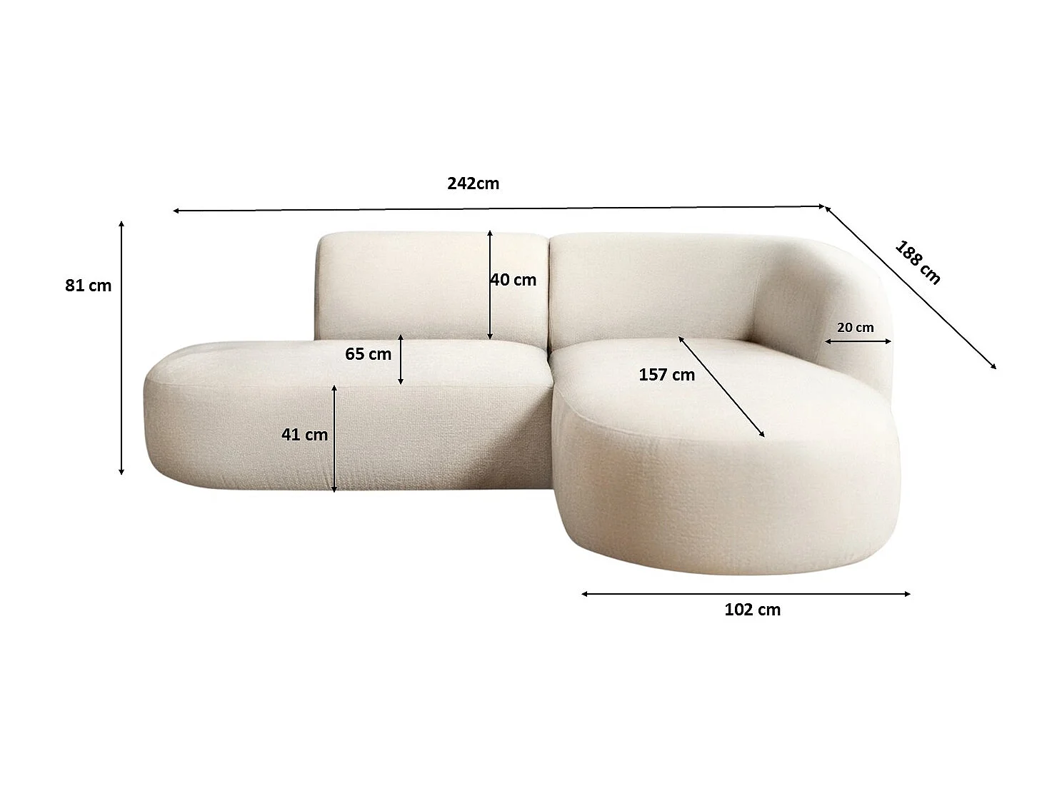 Ecksofa L-Form Luna, stoff Lins, Creme, Rechts