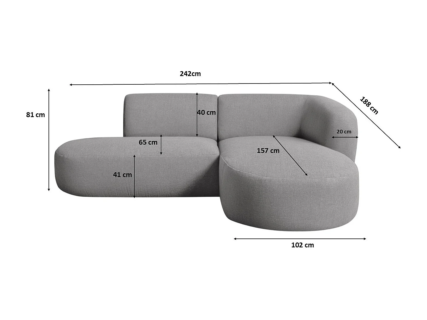 Ecksofa L-Form Luna, stoff Lins, Grau, Rechts