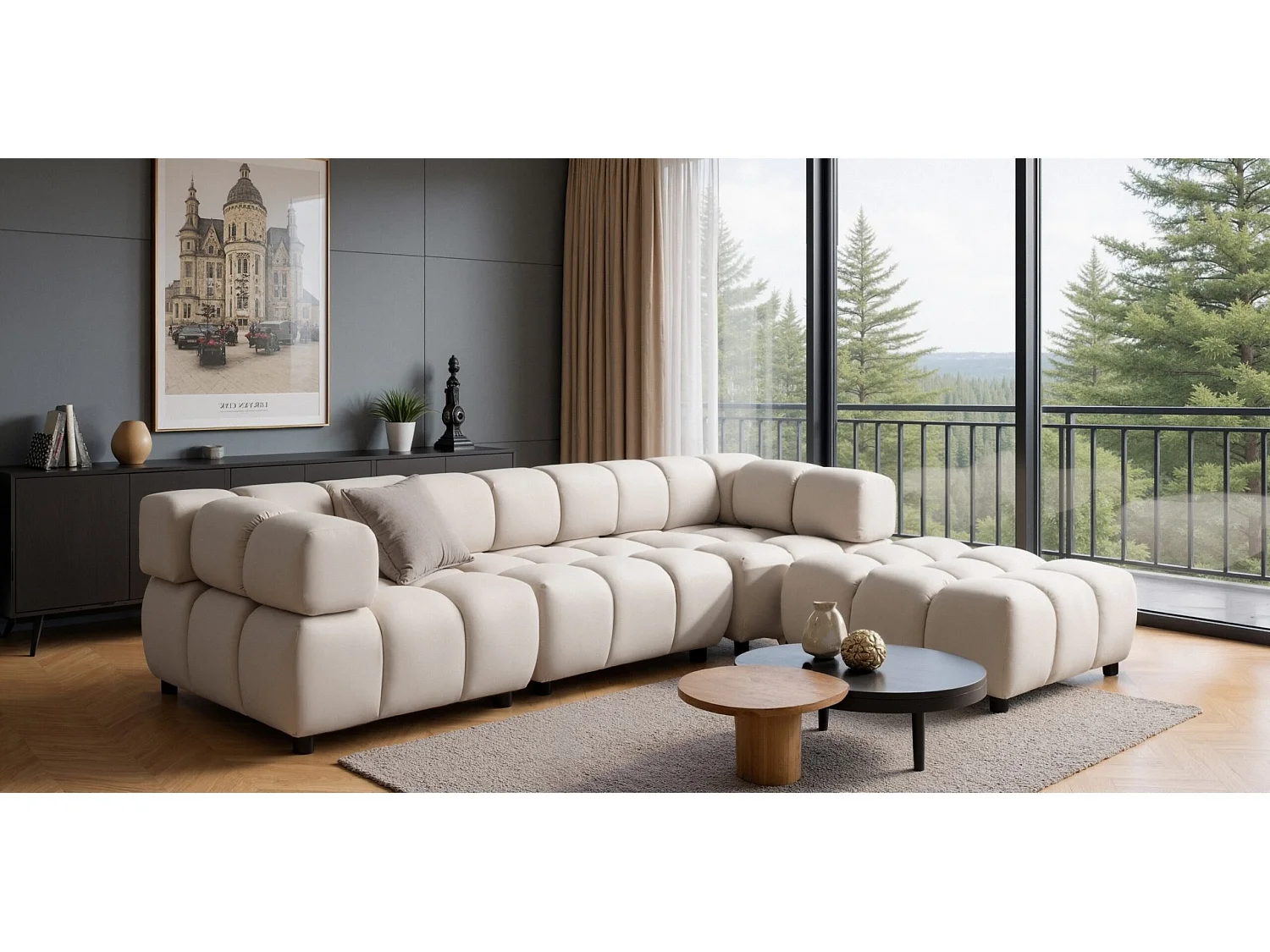 Canapé d'angle Bolla en forme de L, tissu Bluvel, crème, côté droit