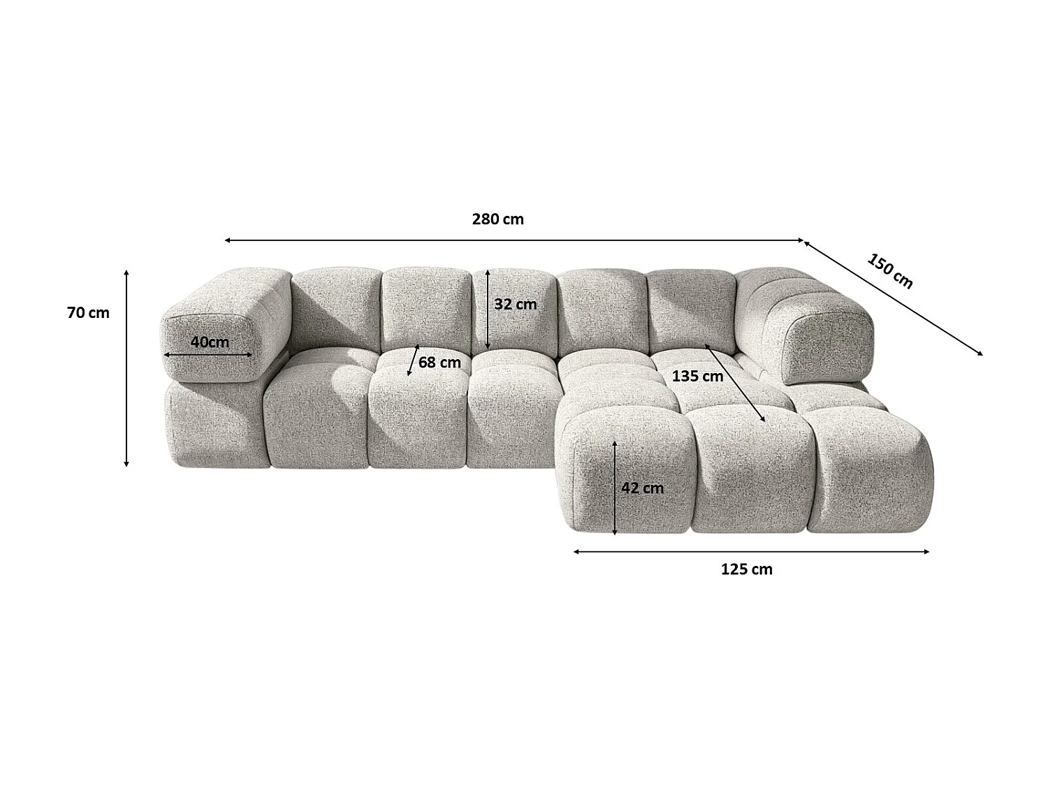 Canapé d'angle en L Averro, tissu Puente, gris clair, à droite