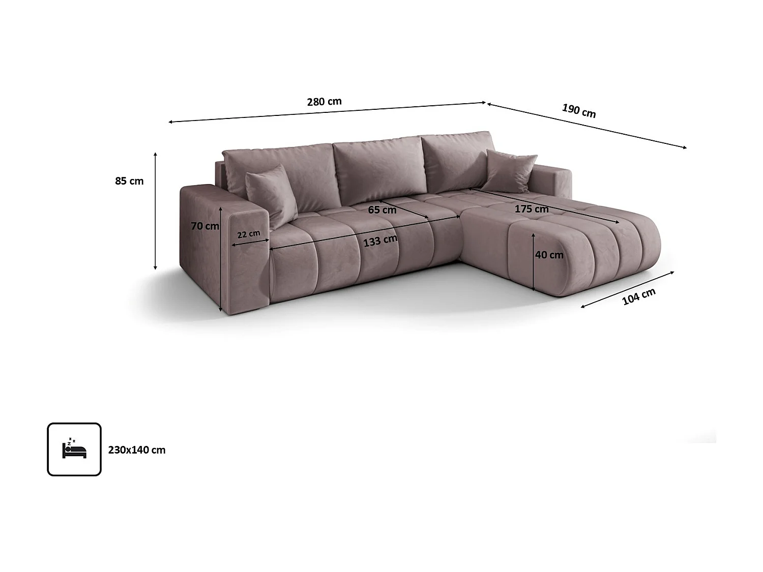 Canapé d'angle convertible avec compartiment de rangement MILO PREMIUM, tissu MONOLITH, violet, côté droit