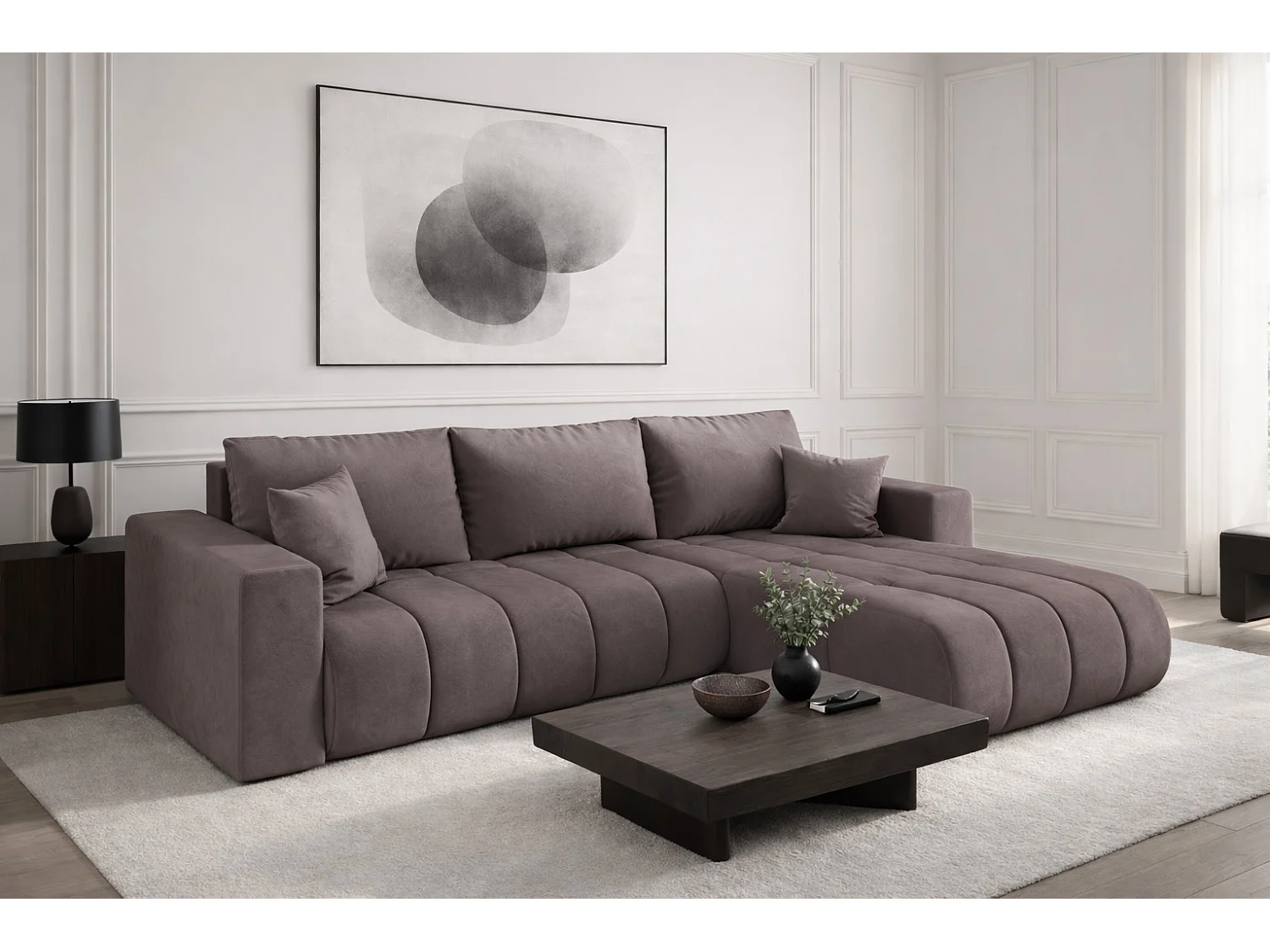 Canapé d'angle convertible avec compartiment de rangement MILO PREMIUM, tissu MONOLITH, violet, côté droit