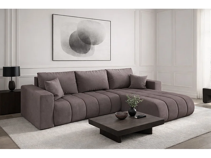 Divano angolare con funzione letto e vano contenitore MILO PREMIUM, tessuto MONOLITH, viola, lato destro