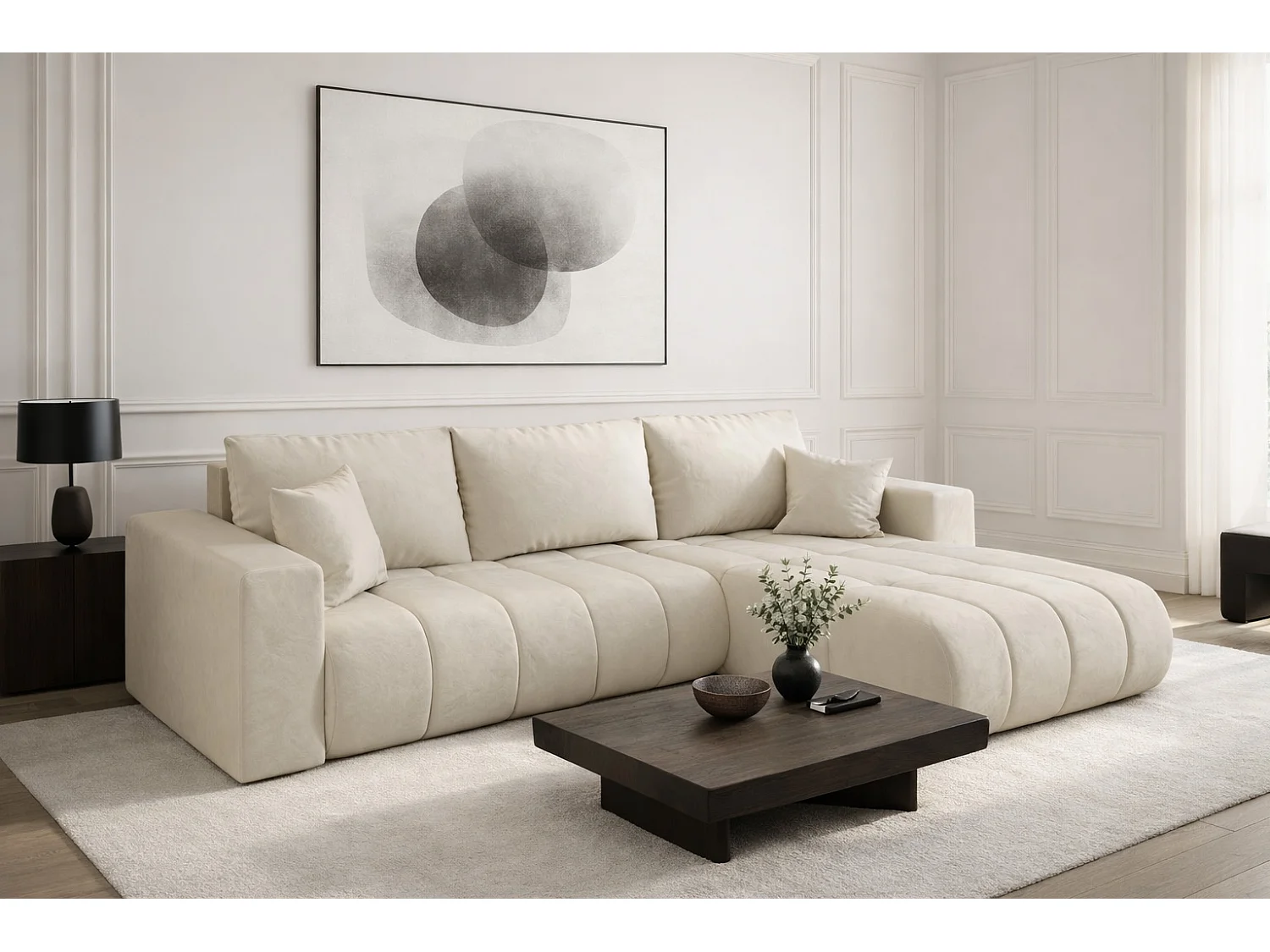 Canapé d'angle convertible avec compartiment de rangement MILO PREMIUM, tissu MONOLITH, écru, côté droit