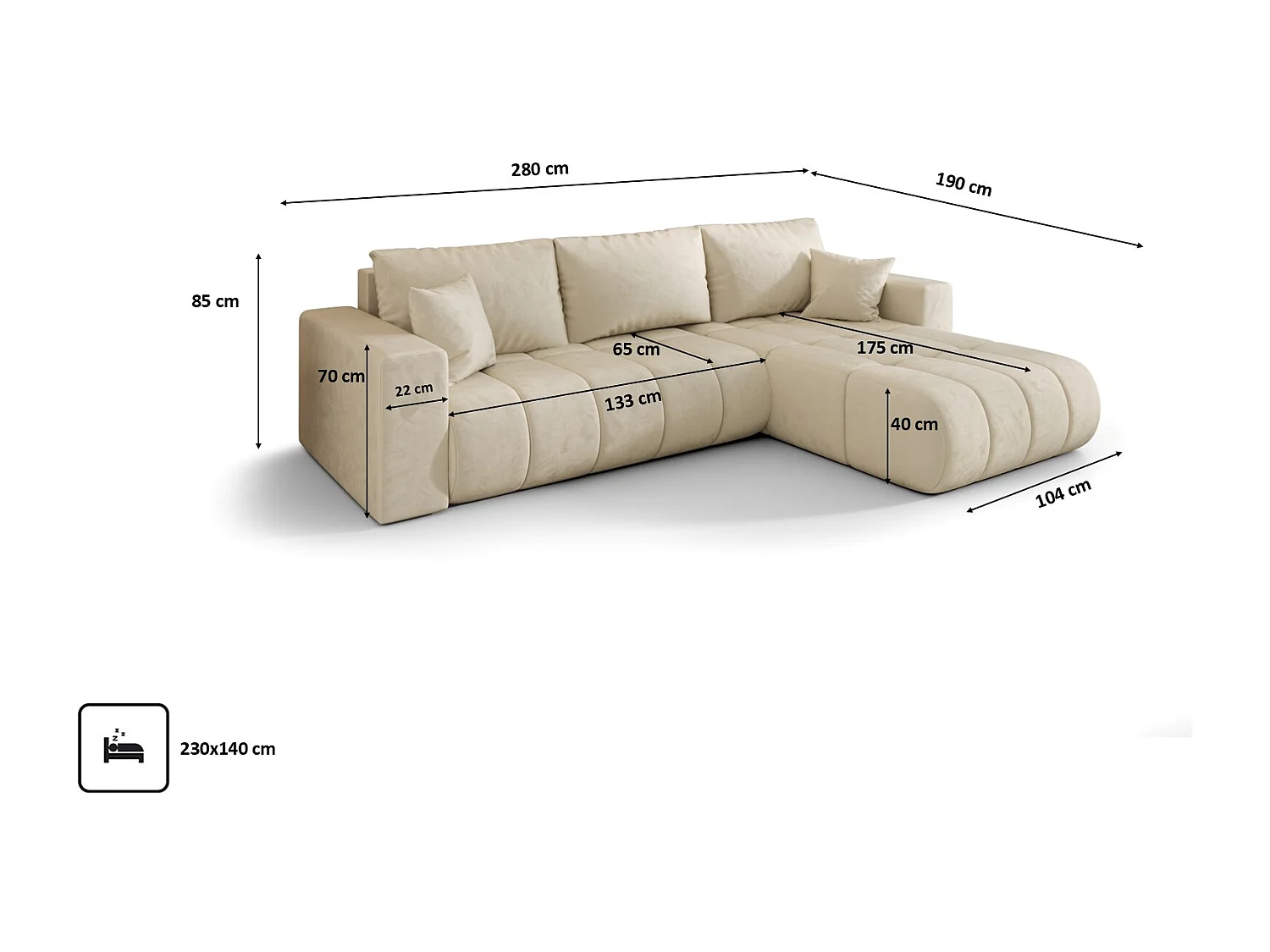 Canapé d'angle convertible avec compartiment de rangement MILO PREMIUM, tissu MONOLITH, écru, côté droit