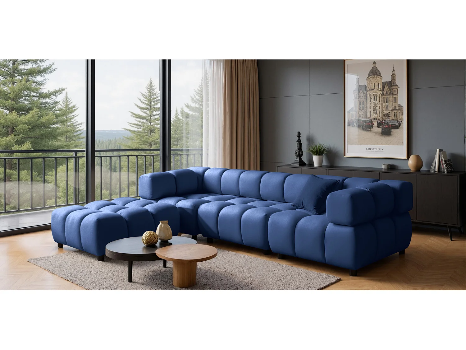 Canapé d'angle Bolla en forme de L, tissu Bluvel, bleu encre, côté gauche