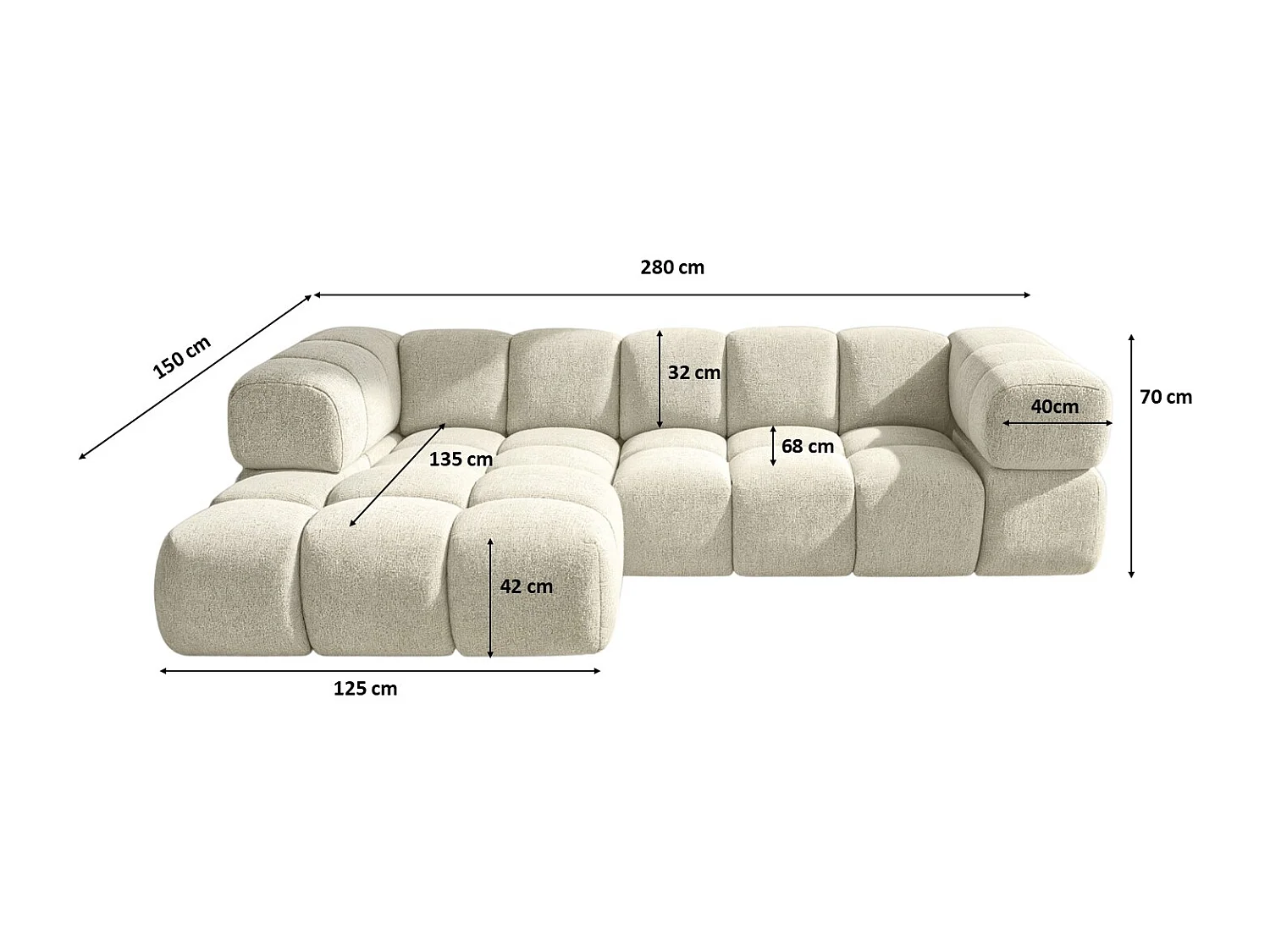 Canapé d'angle en L Averro, tissu Puente, écru, gauche