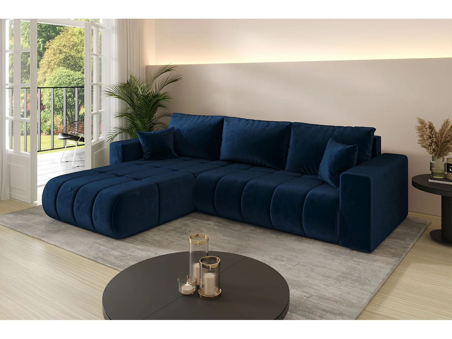 Canapé d'angle convertible avec compartiment de rangement MILO PREMIUM, tissu MONOLITH, bleu foncé, gauche