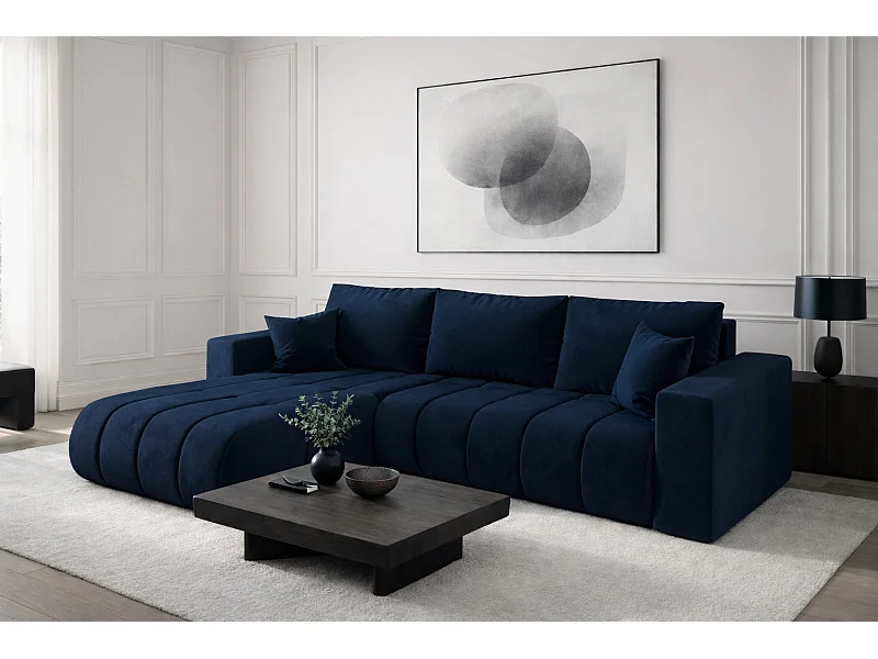 Canapé d'angle convertible avec compartiment de rangement MILO PREMIUM, tissu MONOLITH, bleu foncé, gauche