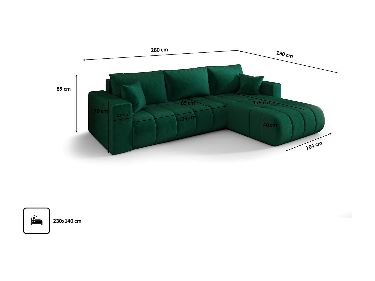 Canapé d'angle convertible avec compartiment de rangement MILO PREMIUM, tissu MONOLITH, vert, côté droit