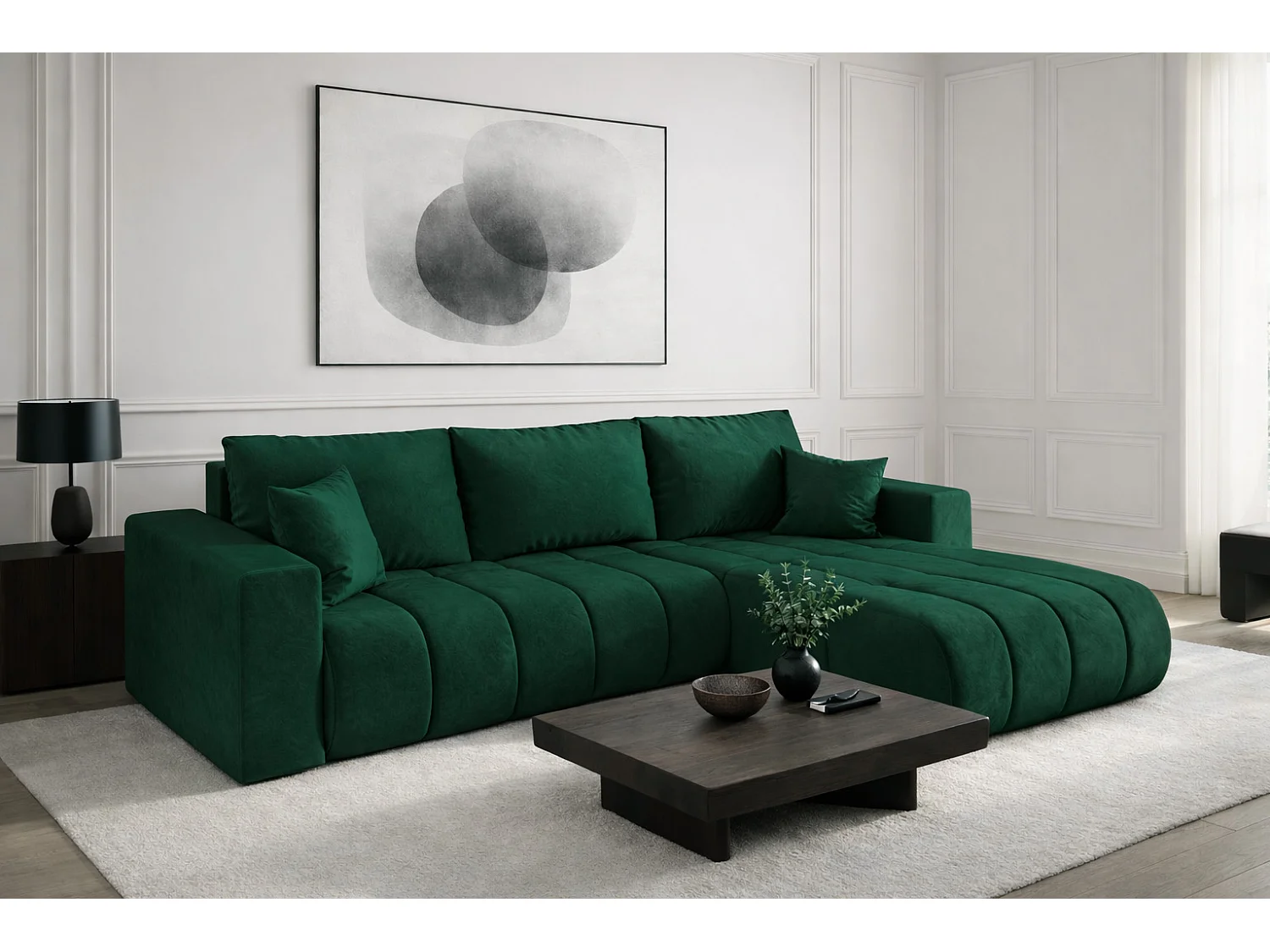 Canapé d'angle convertible avec compartiment de rangement MILO PREMIUM, tissu MONOLITH, vert, côté droit