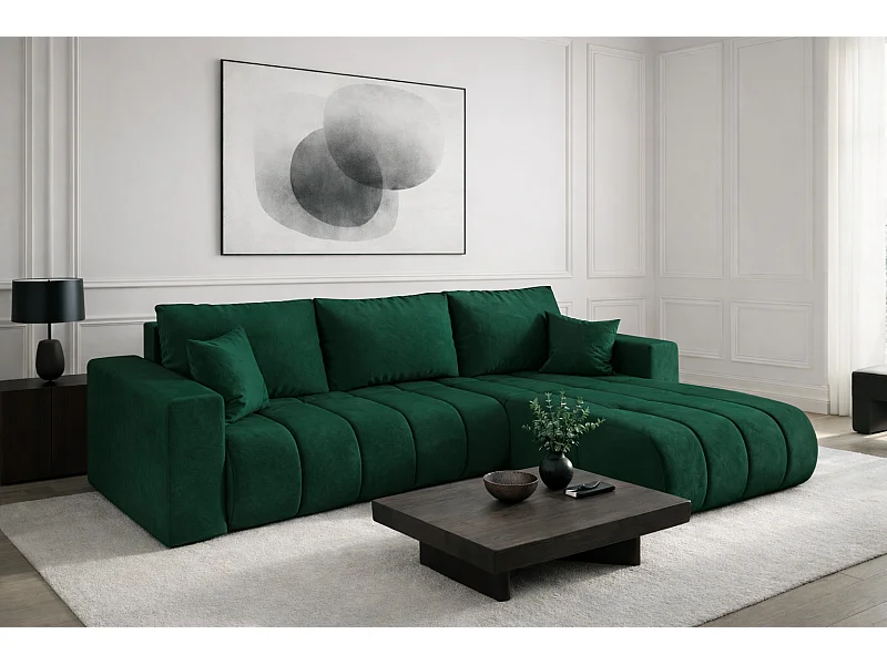 Hoekbank met slaapfunctie en opbergvak MILO PREMIUM, stof MONOLITH, Groen, Rechts