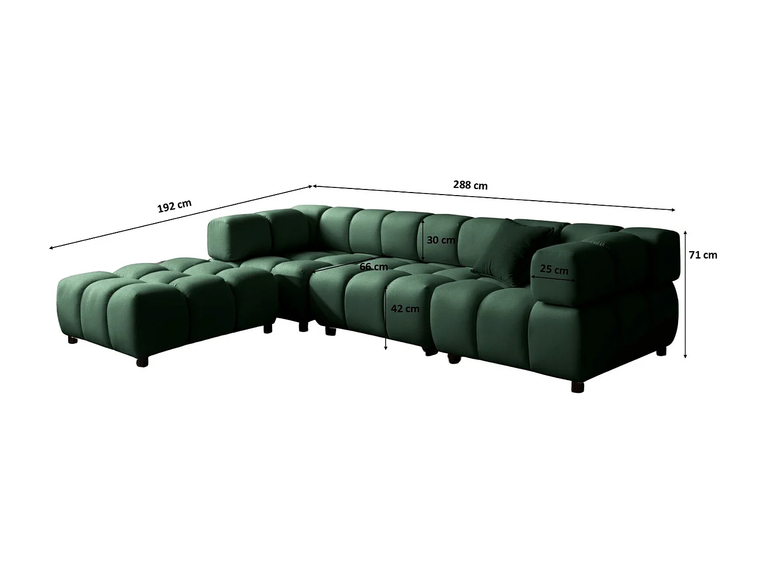 Canapé d'angle Bolla en forme de L, tissu Bluvel, vert, côté gauche