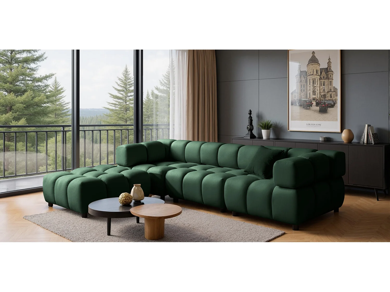 Canapé d'angle Bolla en forme de L, tissu Bluvel, vert, côté gauche