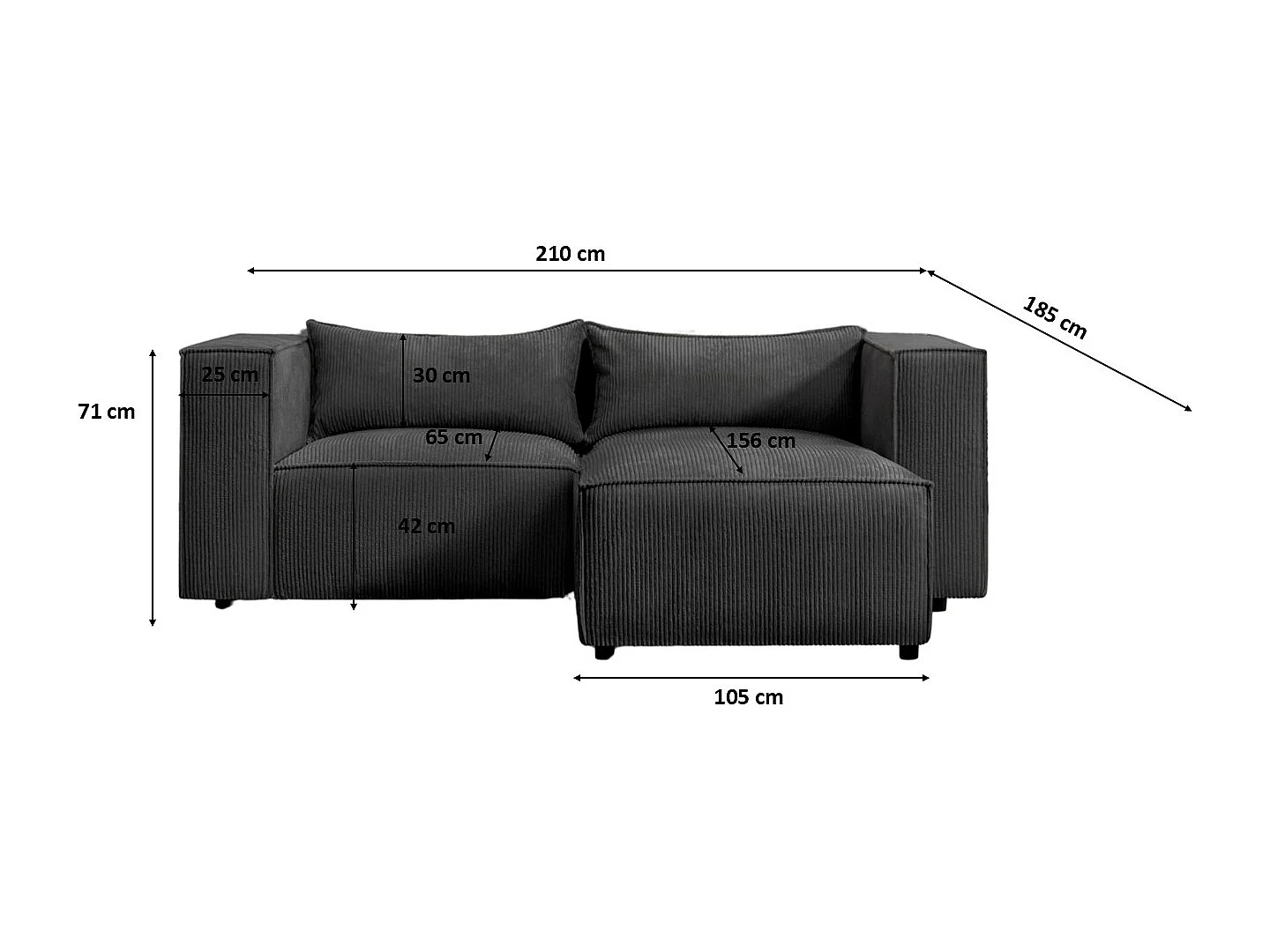 Canapé d'angle en L Modulo, tissu Lincoln, noir, côté droit