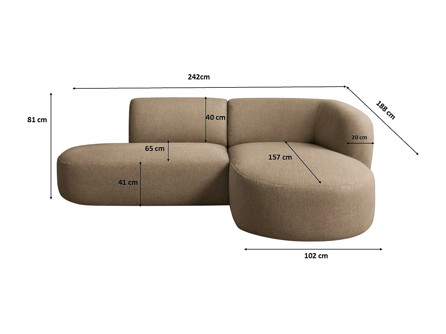 Ecksofa L-Form Luna, stoff Lins, Cappuccino, Rechts