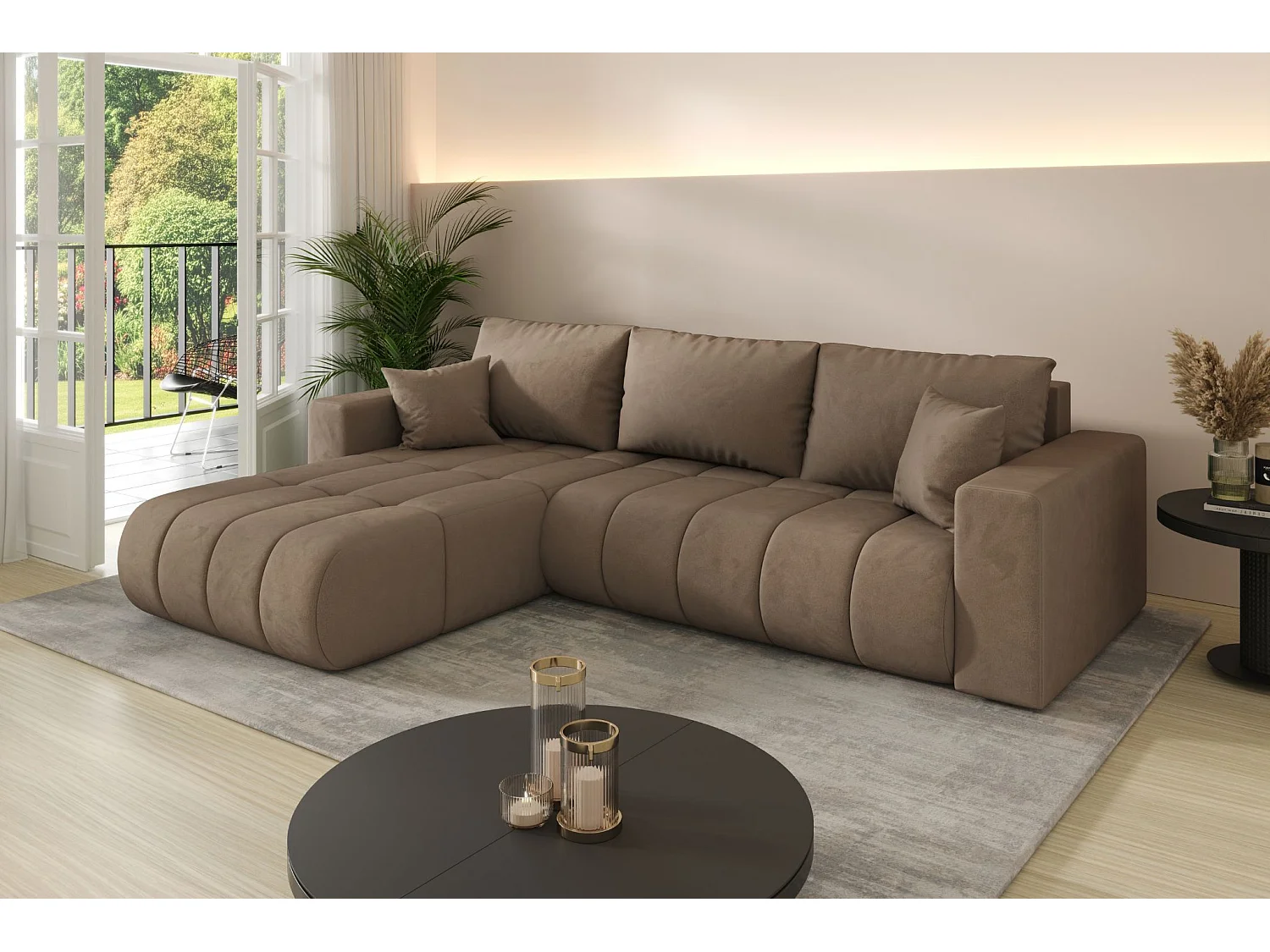 Canapé d'angle convertible avec compartiment de rangement MILO PREMIUM, tissu MONOLITH, marron clair, gauche