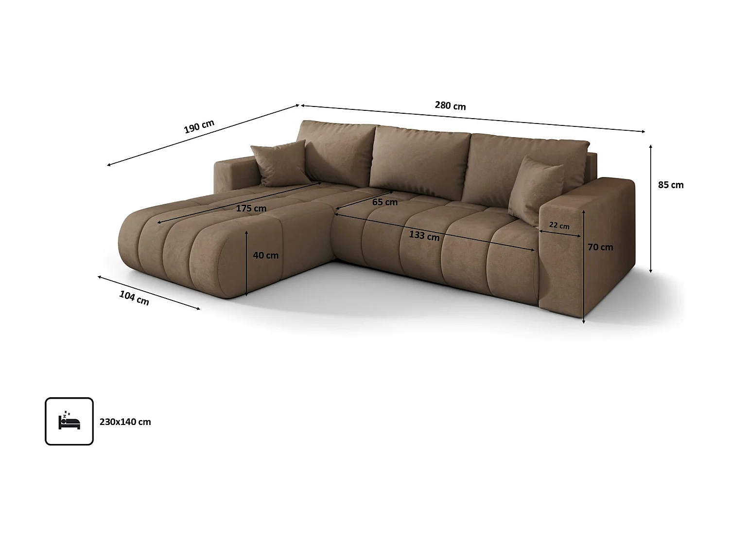 Canapé d'angle convertible avec compartiment de rangement MILO PREMIUM, tissu MONOLITH, marron clair, gauche