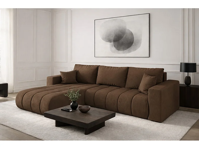 Narożnik z funkcją spania i pojemnikiem MILO PREMIUM, tkanina Monolith, Jasnobrązowy, Lewy