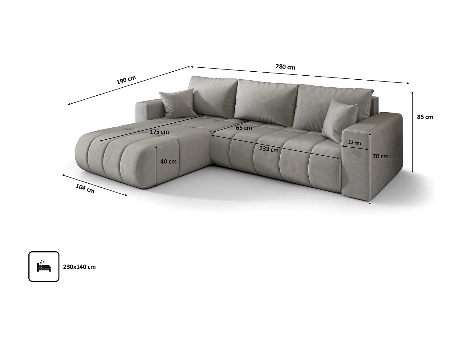 Ecksofa mit schlaffunktion und bettkasten MILO PREMIUM, stoff MONOLITH, Hellgrau, Links