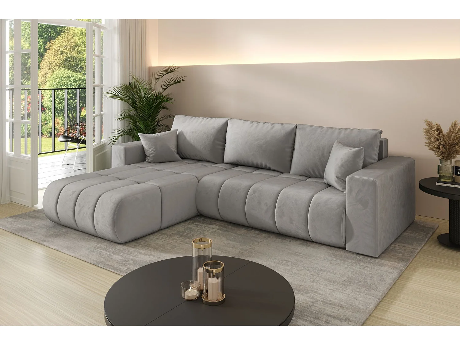 Canapé d'angle convertible avec compartiment de rangement MILO PREMIUM, tissu MONOLITH, gris clair, gauche