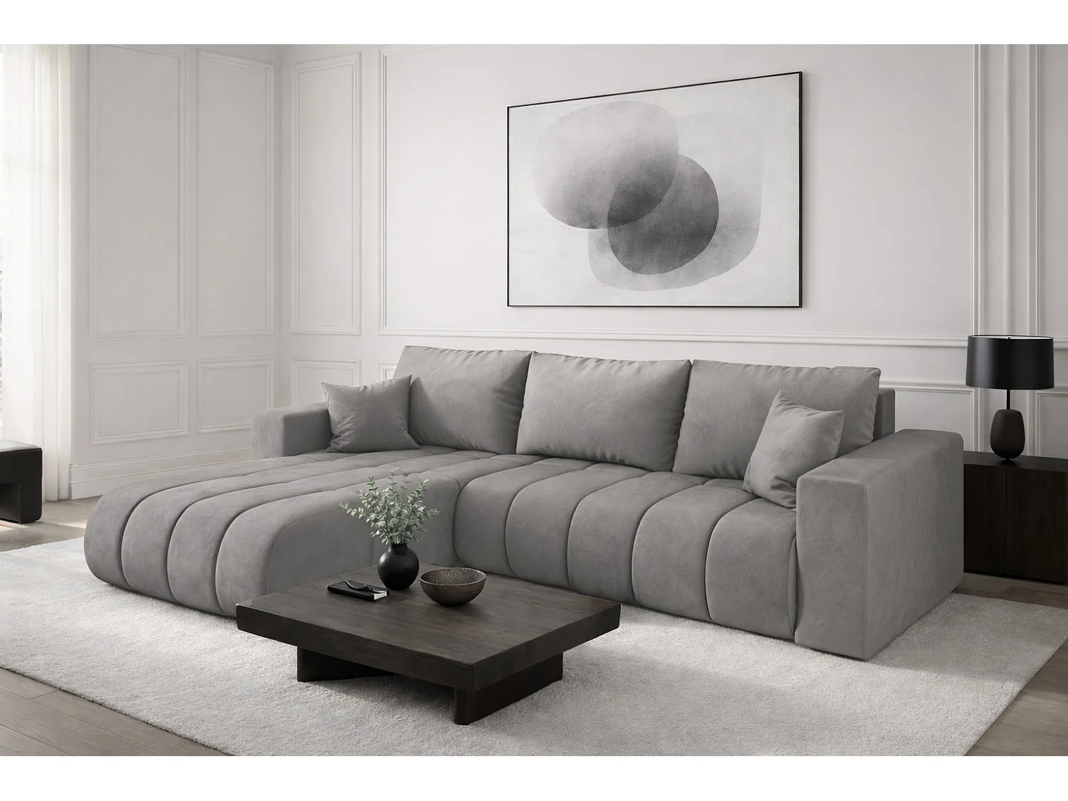 Narożnik z funkcją spania i pojemnikiem MILO PREMIUM, tkanina Monolith, Jasnoszary, Lewy