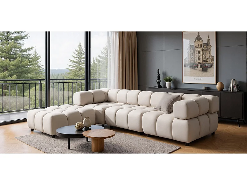 Canapé d'angle Bolla en forme de L, tissu Bluvel, crème, côté gauche