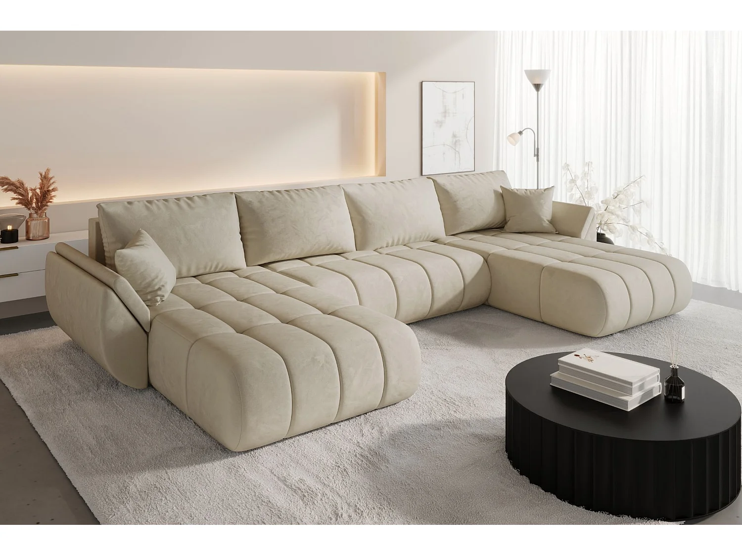Ecksofa mit schlaffunktion und bettkasten TOKYO U PREMIUM, stoff MONOLITH, Ecru