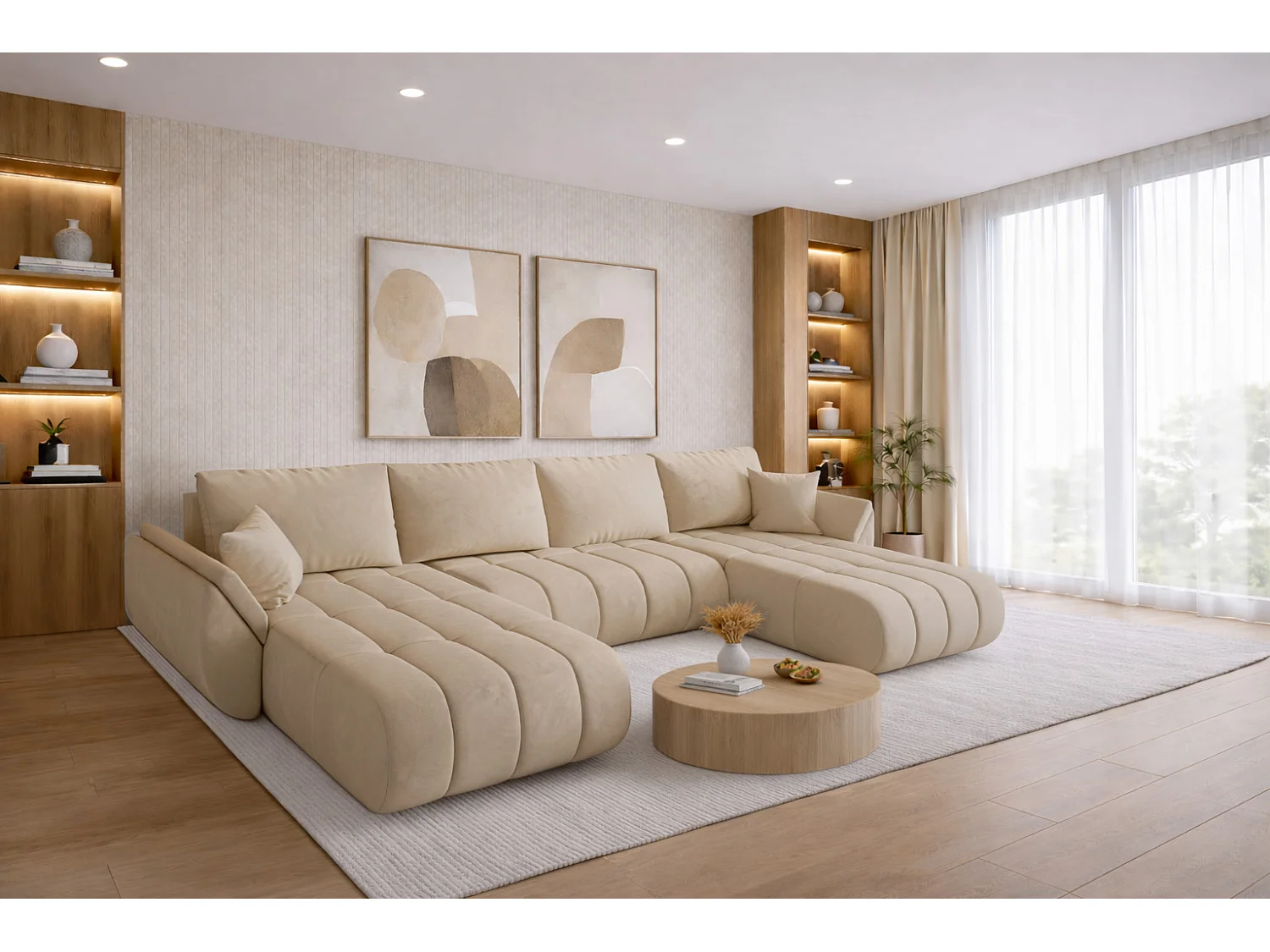 Canapé d'angle convertible avec compartiment de rangement TOKYO U PREMIUM, tissu MONOLITH, écru