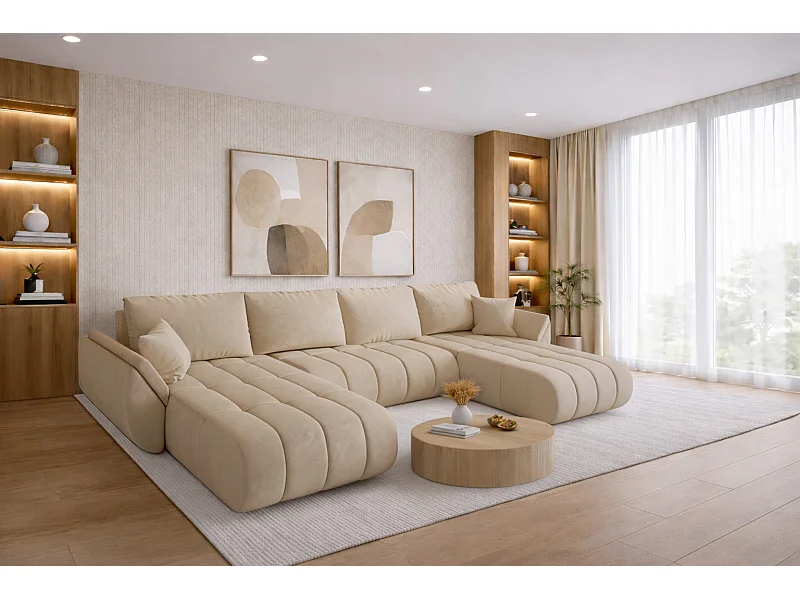 Canapé d'angle convertible avec compartiment de rangement TOKYO U PREMIUM, tissu MONOLITH, écru