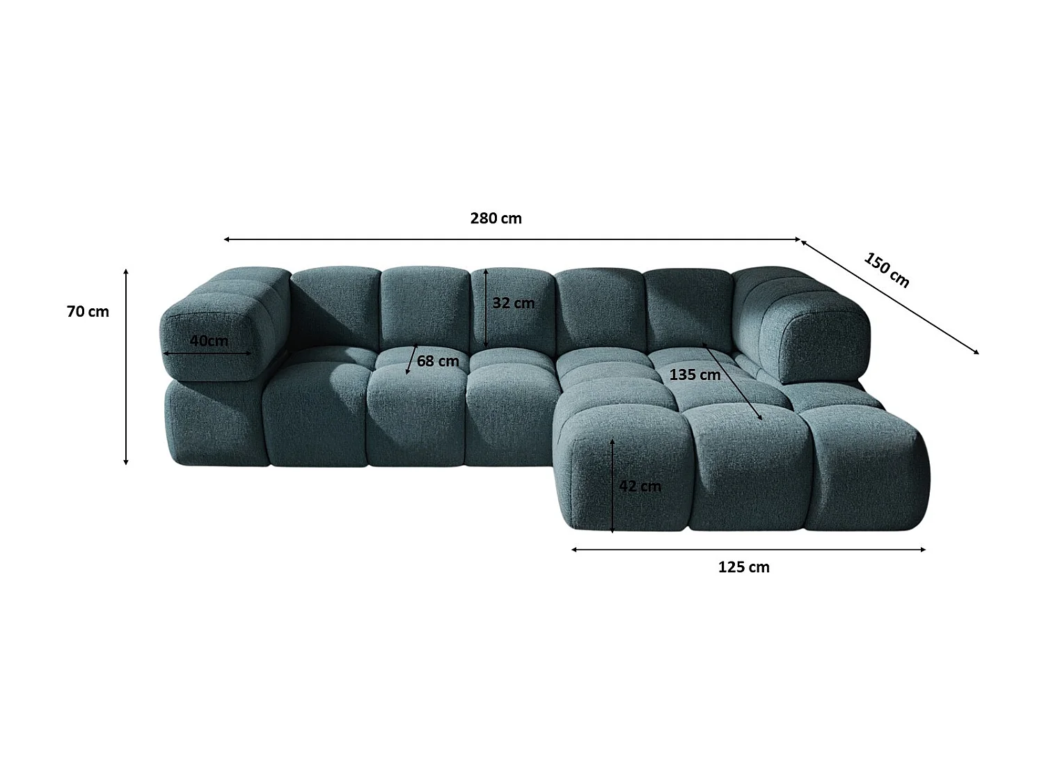 Canapé d'angle en L Averro, tissu Puente, couleur pétrole, à droite