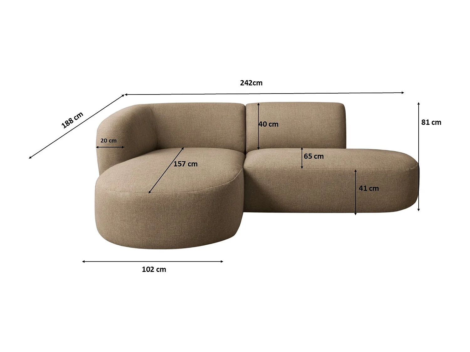 Ecksofa L-Form Luna, stoff Lins, Cappuccino, Links