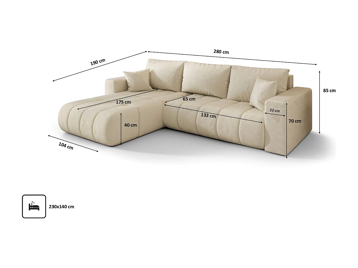 Ecksofa mit schlaffunktion und bettkasten MILO PREMIUM, stoff MONOLITH, Ecru, Links
