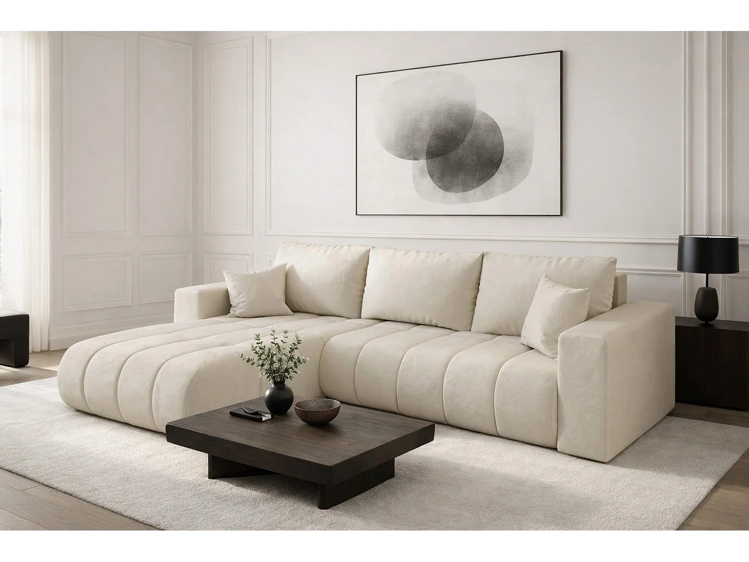 Narożnik z funkcją spania i pojemnikiem MILO PREMIUM, tkanina Monolith, Ecru, Lewy