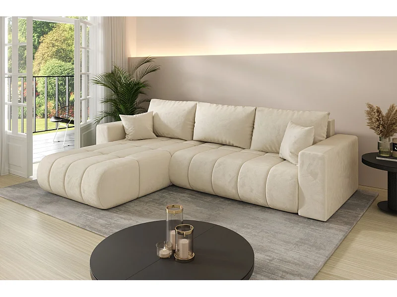 Ecksofa mit schlaffunktion und bettkasten MILO PREMIUM, stoff MONOLITH, Ecru, Links