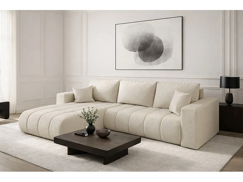 Canapé d'angle convertible avec compartiment de rangement MILO PREMIUM, tissu MONOLITH, écru, gauche