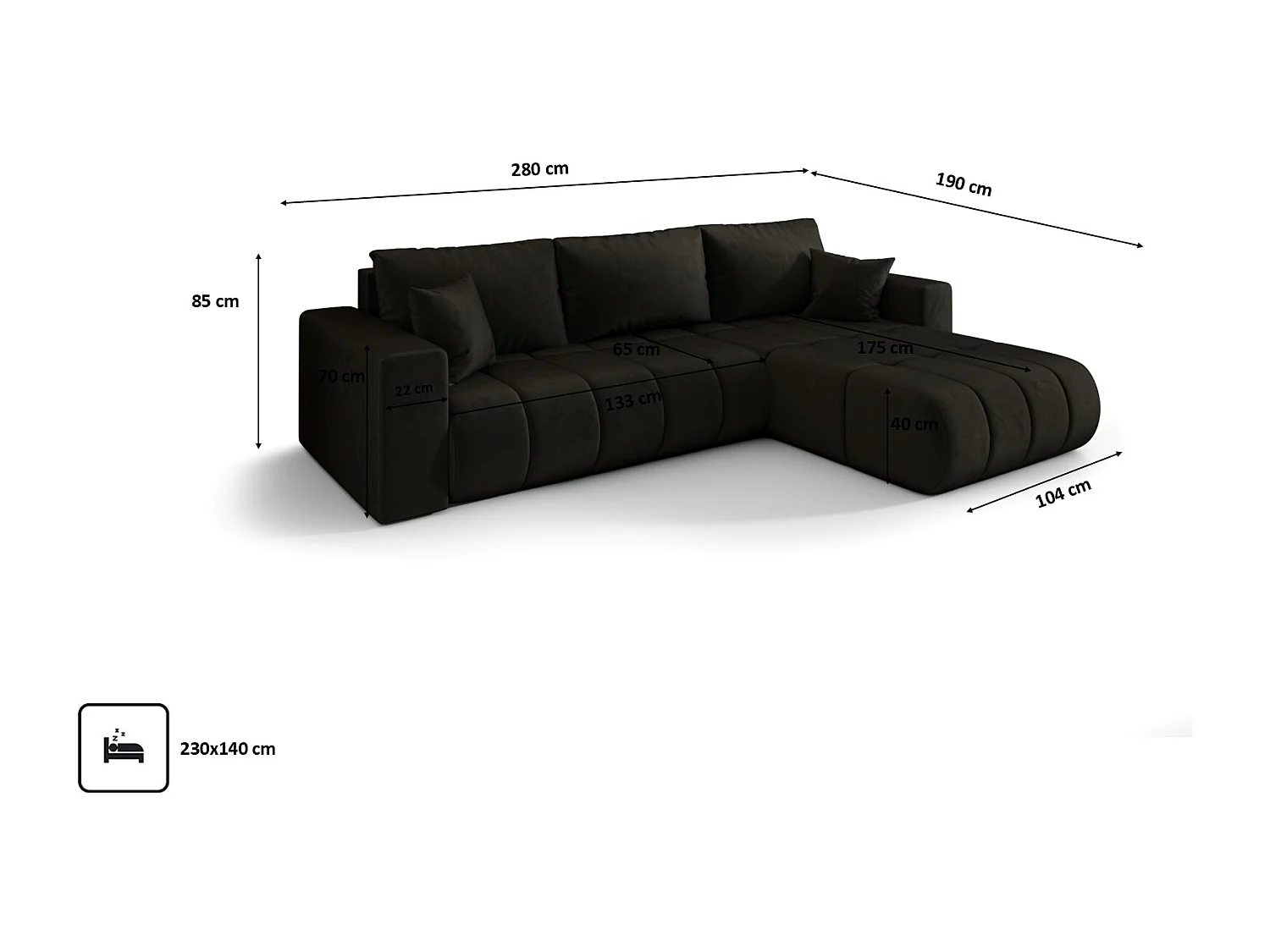 Canapé d'angle convertible avec compartiment de rangement MILO PREMIUM, tissu MONOLITH, gris foncé, côté droit