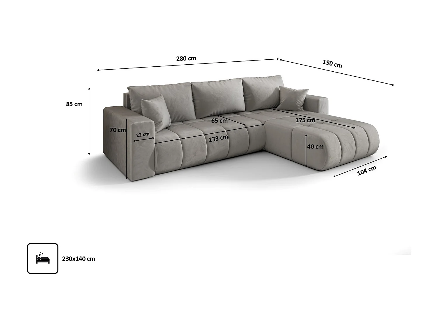 Ecksofa mit schlaffunktion und bettkasten MILO PREMIUM, stoff MONOLITH, Hellgrau, Rechts