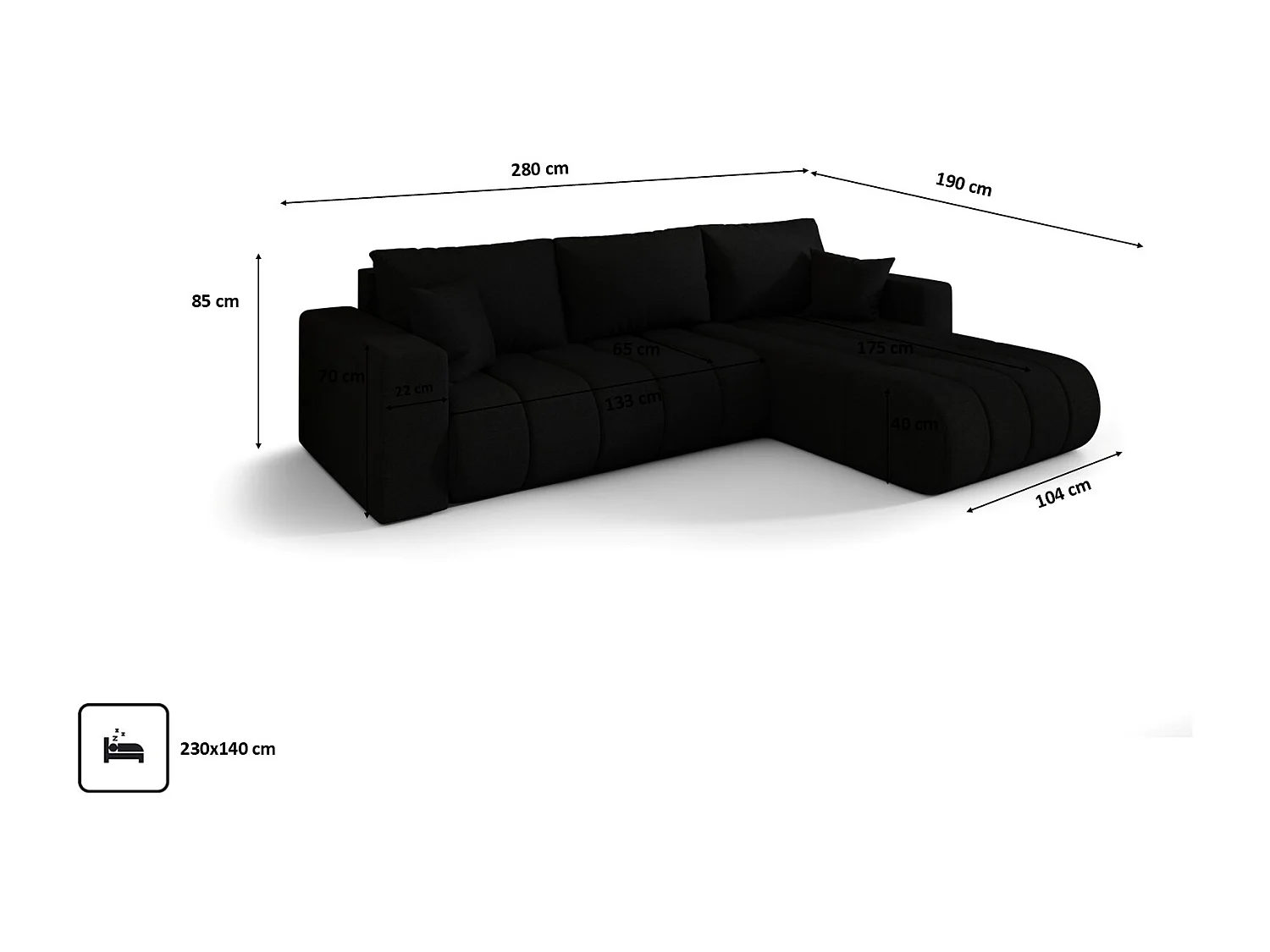 Canapé d'angle convertible avec compartiment de rangement MILO PREMIUM, tissu WIND, Noir, Droite