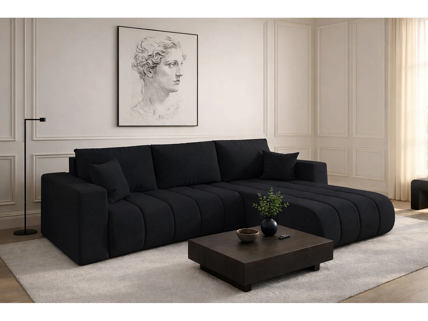 Narożnik z funkcją spania i pojemnikiem MILO PREMIUM, tkanina Wind, Czarny, Prawy