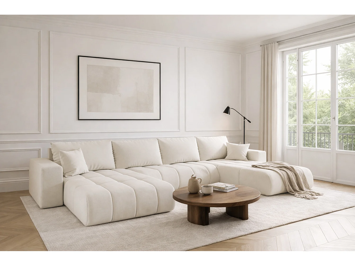 Narożnik z funkcją spania i pojemnikiem MILO U PREMIUM, tkanina Wind, Ecru