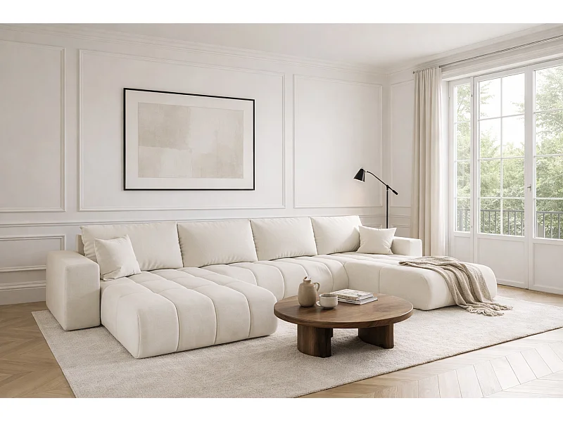 Ecksofa mit schlaffunktion und bettkasten MILO U PREMIUM, stoff WIND, Ecru