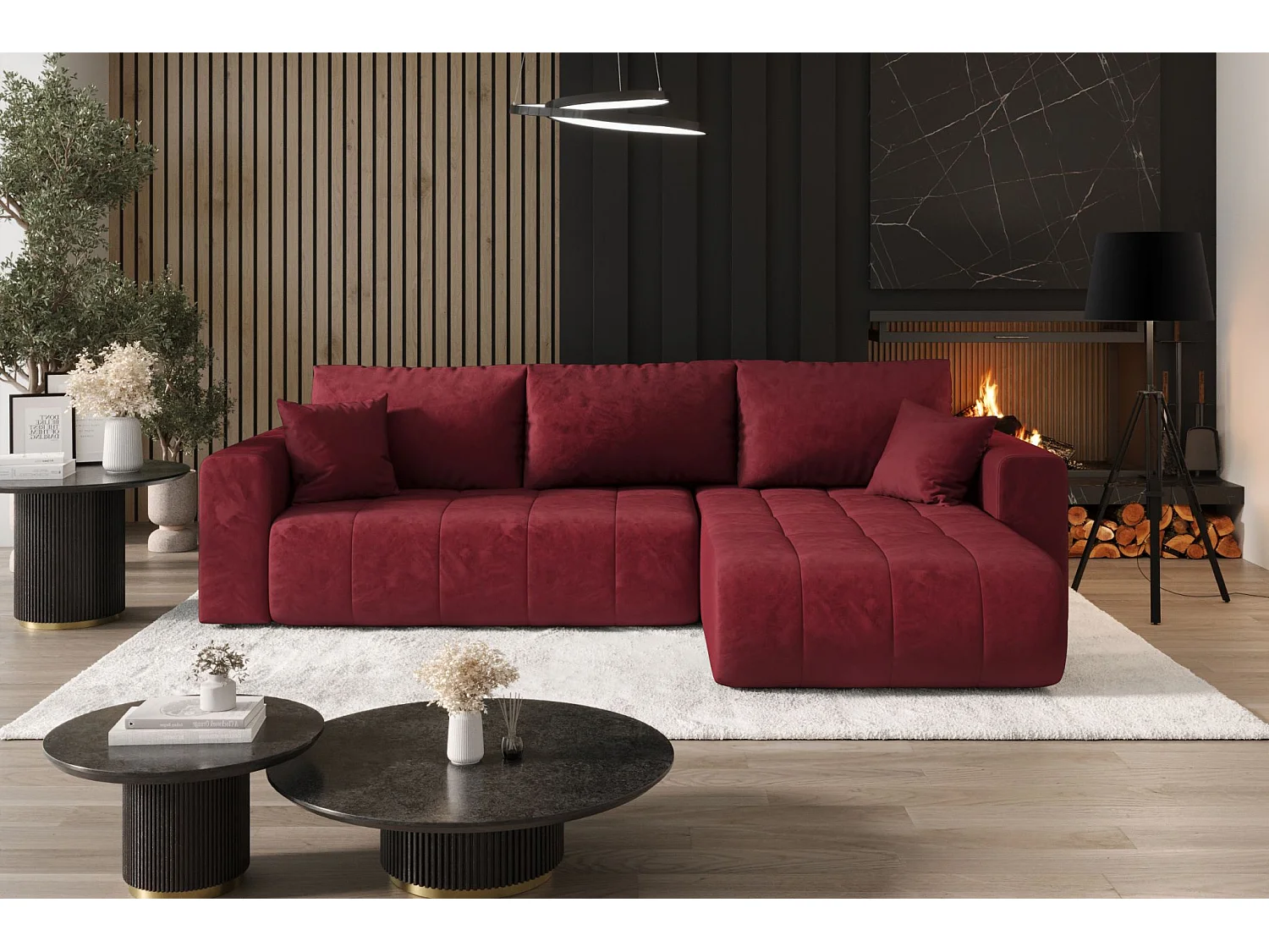 Canapé d'angle convertible avec coffre de rangement MILO, tissu MONOLITH, rouge, côté droit