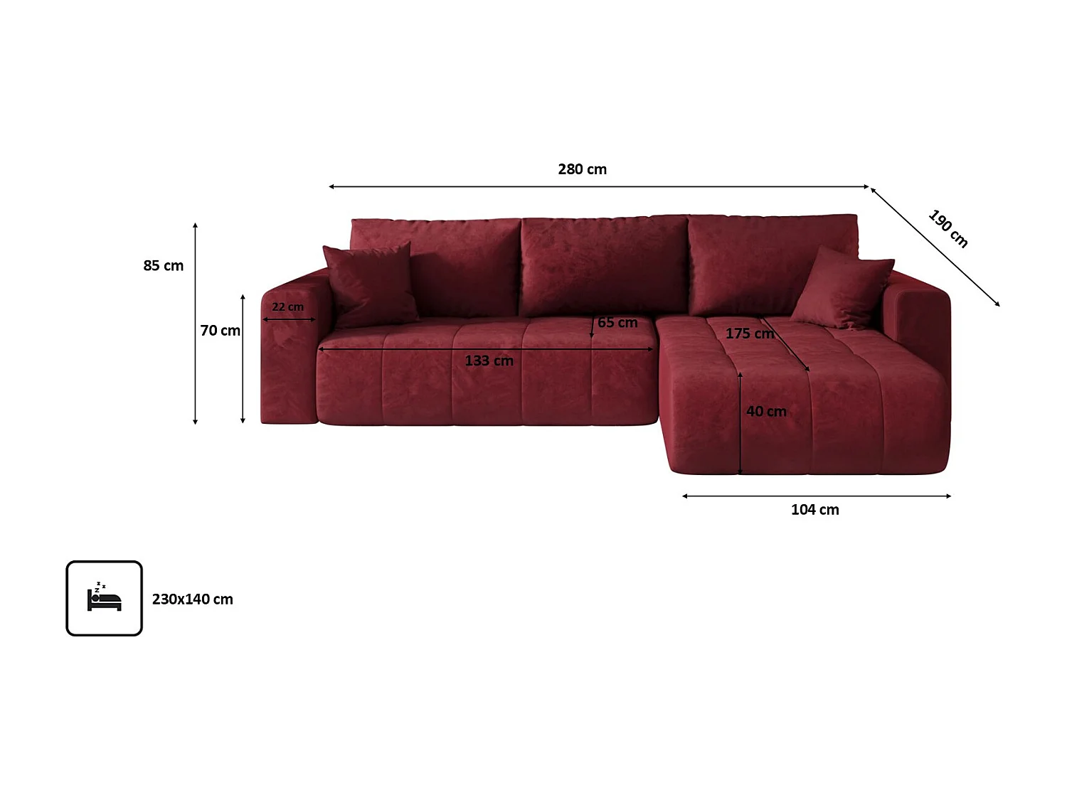 Canapé d'angle convertible avec coffre de rangement MILO, tissu MONOLITH, rouge, côté droit
