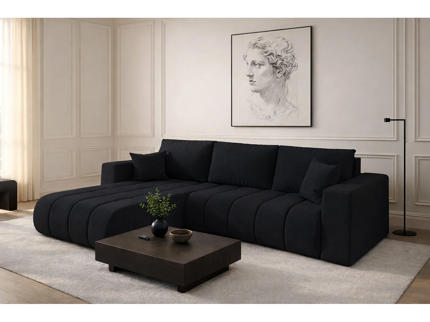 Narożnik z funkcją spania i pojemnikiem MILO PREMIUM, tkanina Wind, Czarny, Lewy