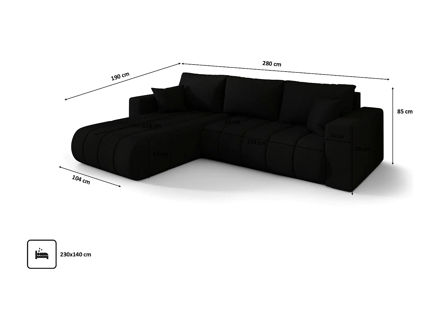 Narożnik z funkcją spania i pojemnikiem MILO PREMIUM, tkanina Wind, Czarny, Lewy