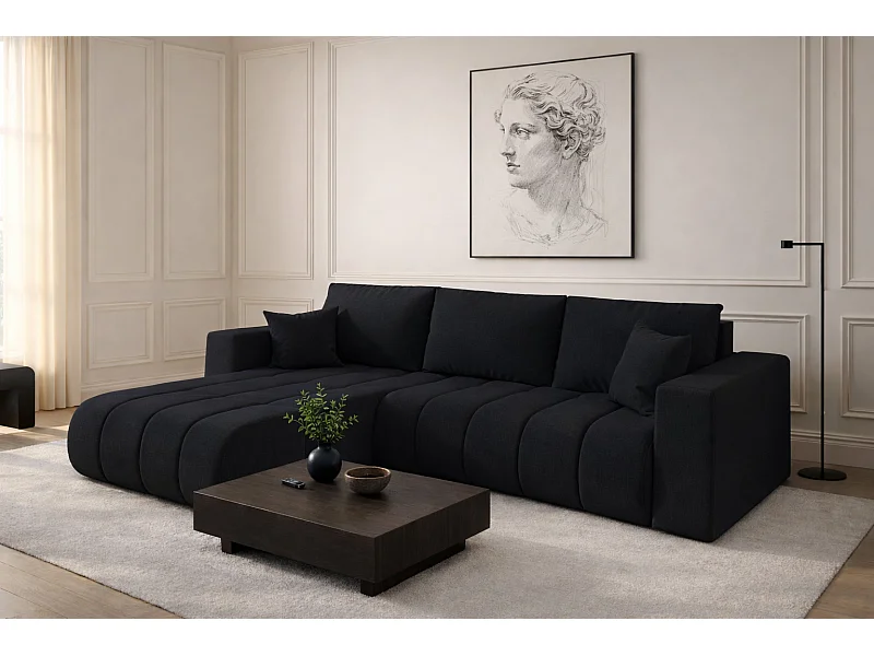 Canapé d'angle convertible avec compartiment de rangement MILO PREMIUM, tissu WIND, Noir, Gauche